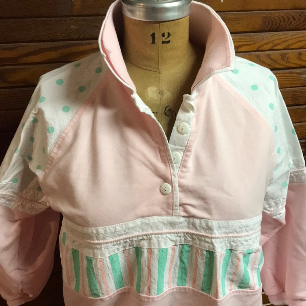 VINTAGE Pink/White/Mint Green quarter length top